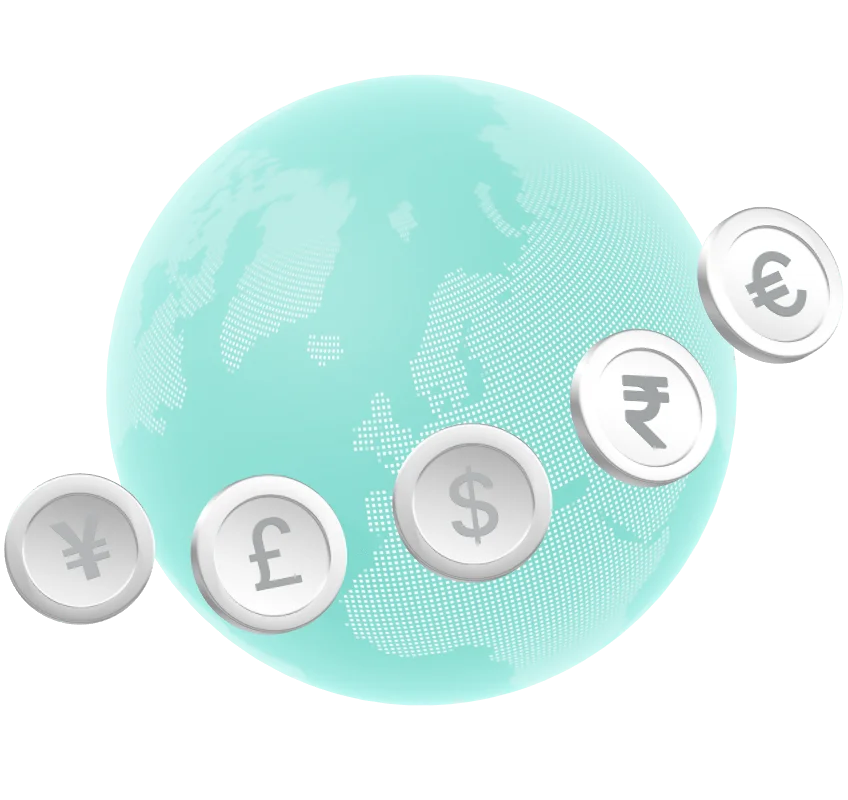 Globe with international currency symbols